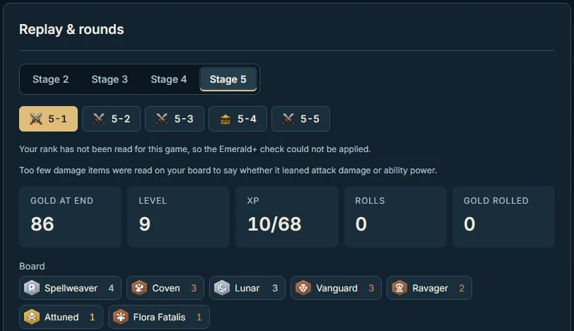 Round 5-1 of the example game: 86 gold, level 9, 10 of 68 XP, no rolls, and seven active traits.